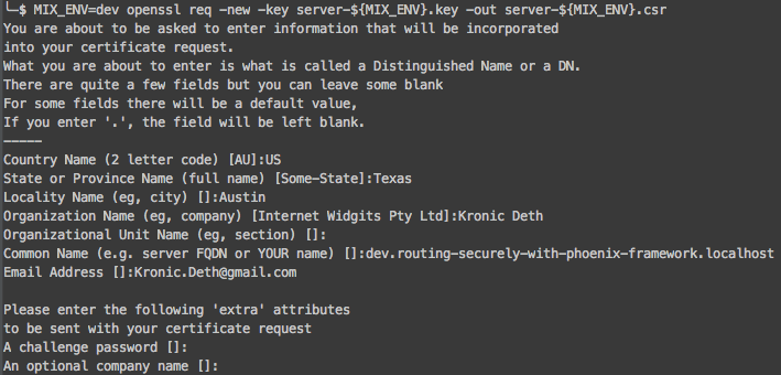 Entering C,ST,L,O,CN, and emailAddress for distinguished name.  CN must match DNS name (dev.phoenix.localhost) of MIX_ENV server