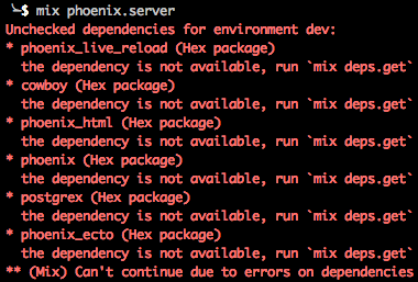 Error telling user to run mix deps.get when running mix phoenix.server